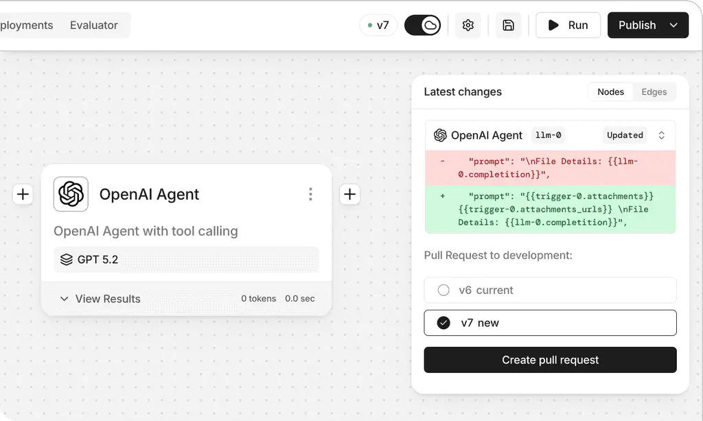 StackAI workflow editor with version control, pull request, and prompt difference