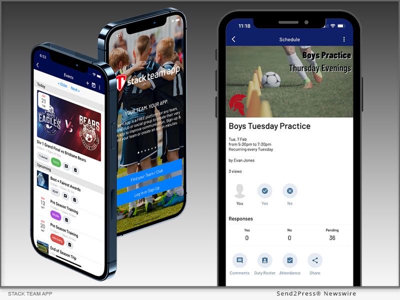 Three Stack Team App screens showing a team event list, the app start screen, and a practice RSVP