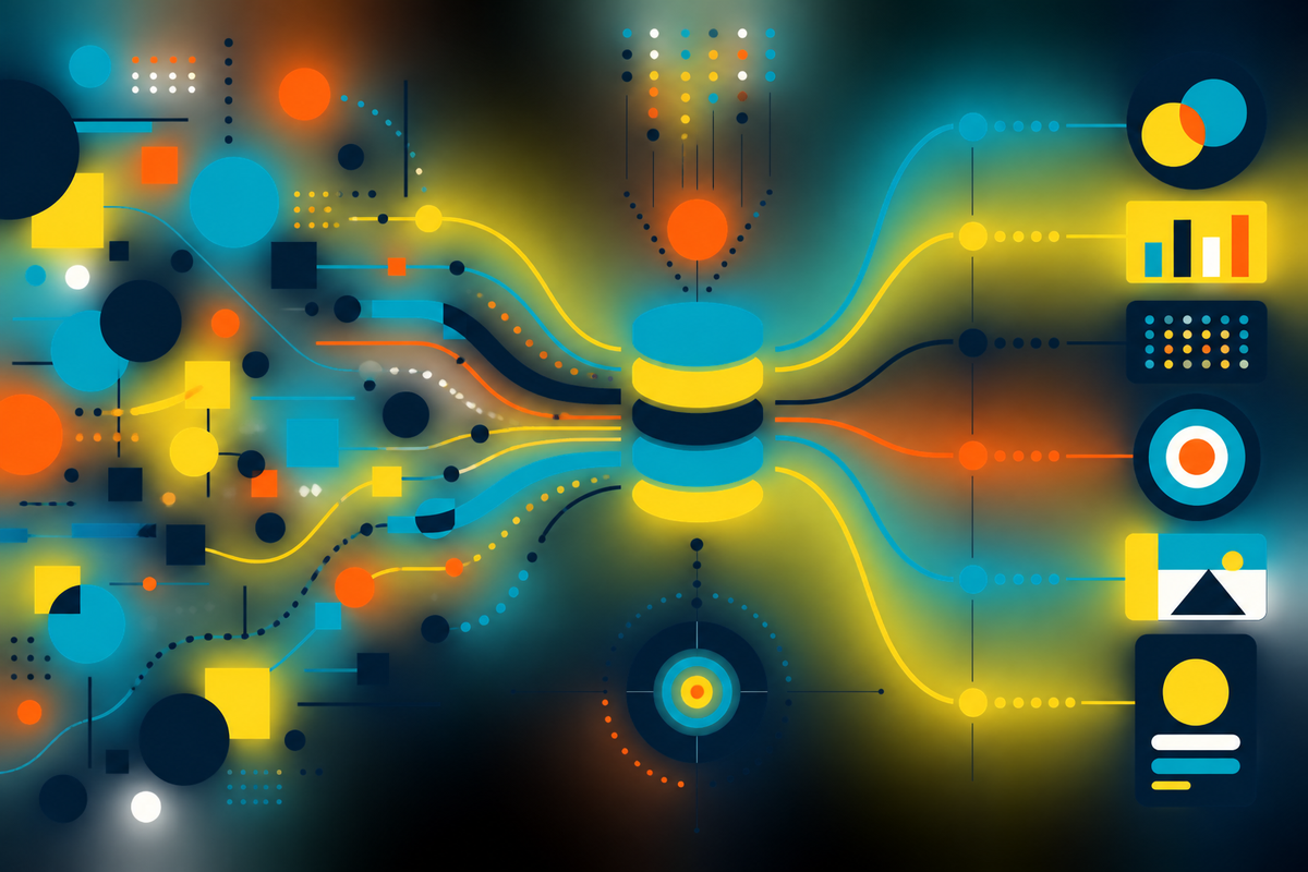 Abstract geometric channels converging into a central stack and flowing toward measurable outcomes