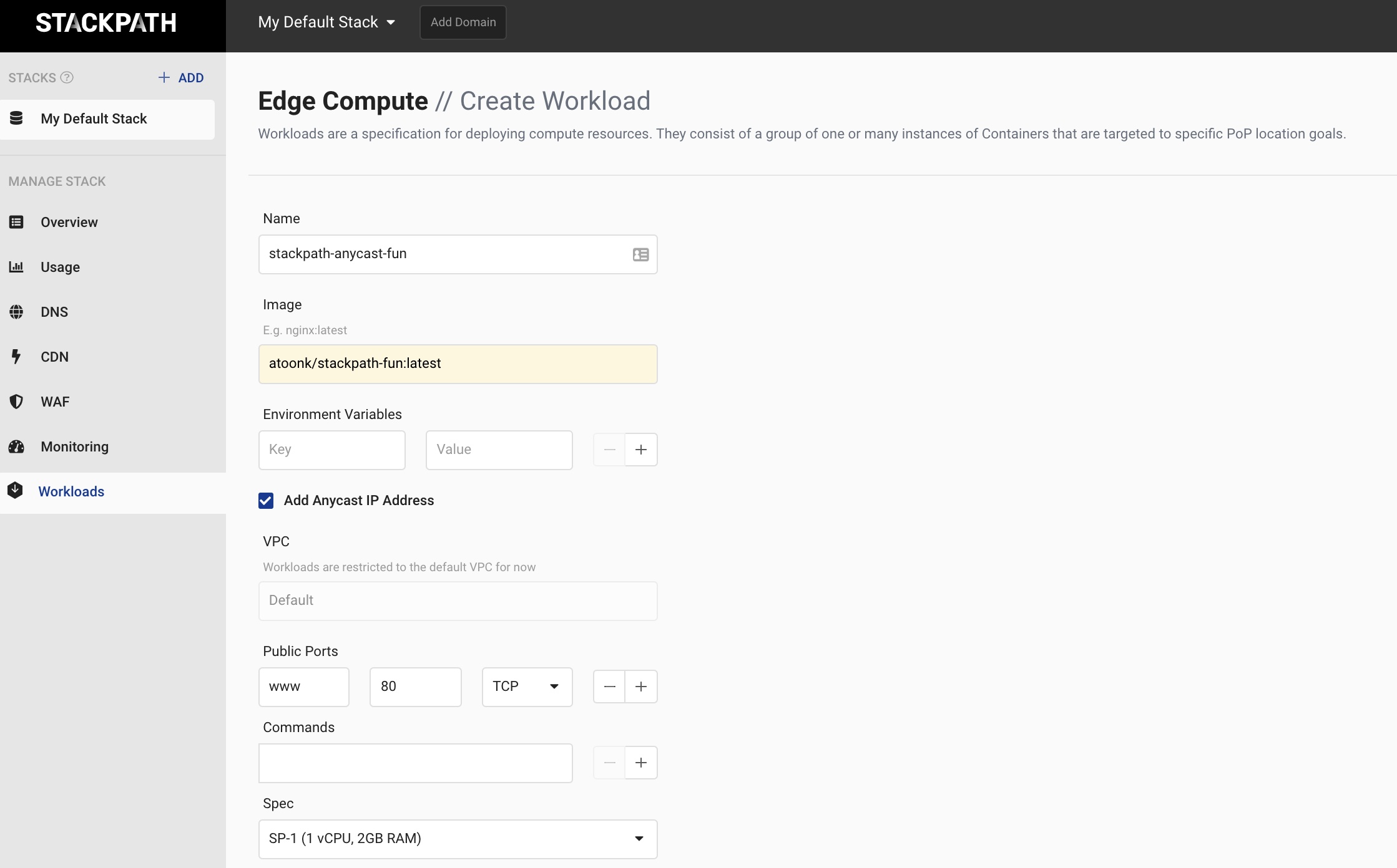 Historical StackPath workload form showing a Docker image, Anycast checkbox and instance specification