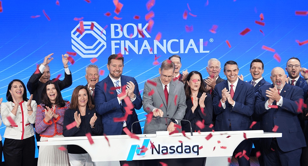 Stacy Kymes and BOK Financial colleagues at the Nasdaq opening bell celebration