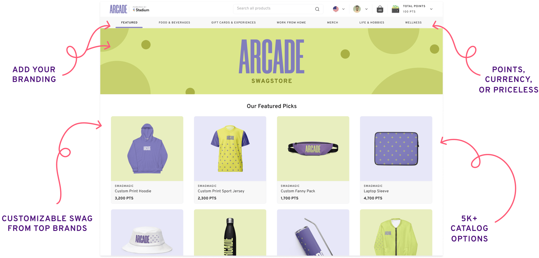 Stadium Shops interface showing branded gift and merchandise storefronts