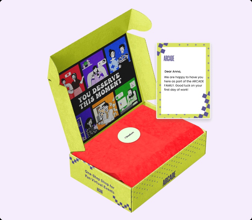 Stadium’s illustrated branded gift box with a personalized welcome card