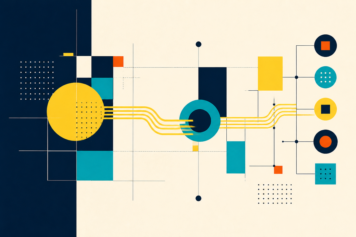Abstract Swiss-style composition showing modular shapes connected by signal lines
