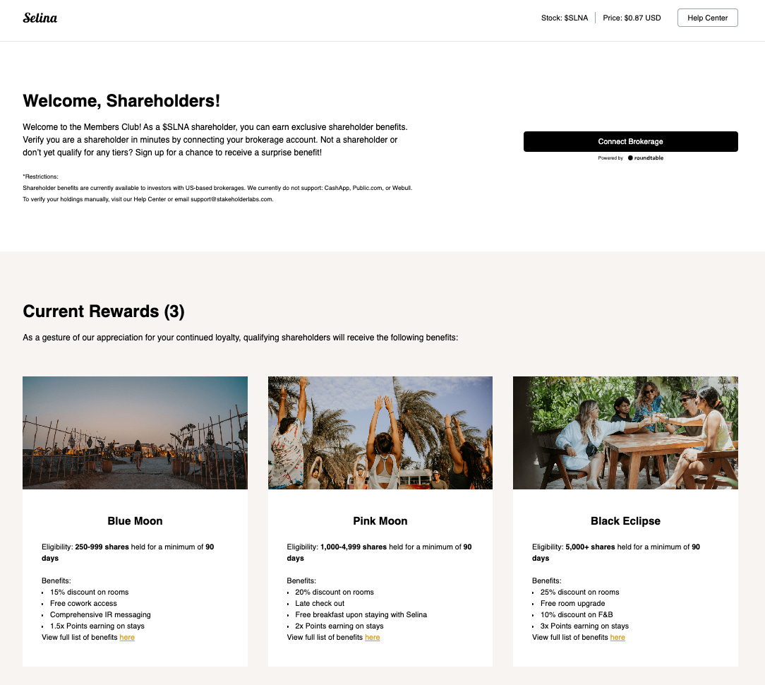 Archived 2023 Selina Members Club interface with brokerage verification and three shareholder reward tiers