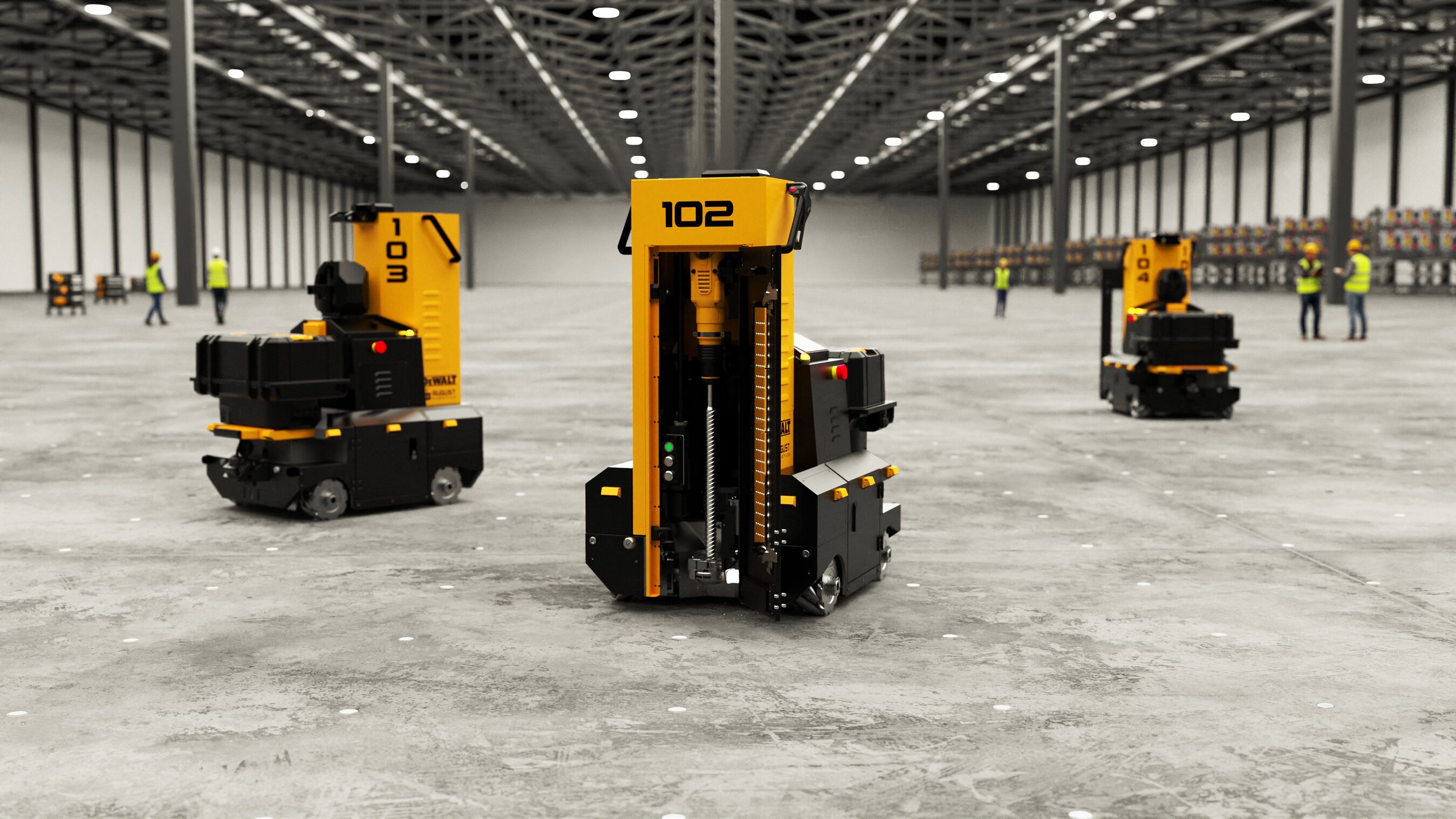 Yellow DEWALT autonomous drilling robots arranged on a concrete floor in an industrial hall