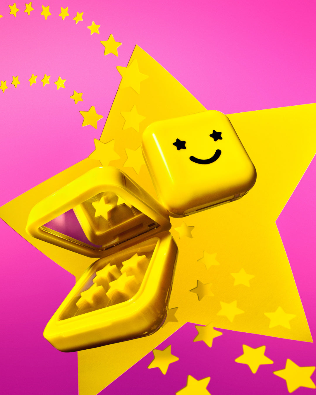 Open yellow Starface compact with mirrored lid and yellow star-shaped patches