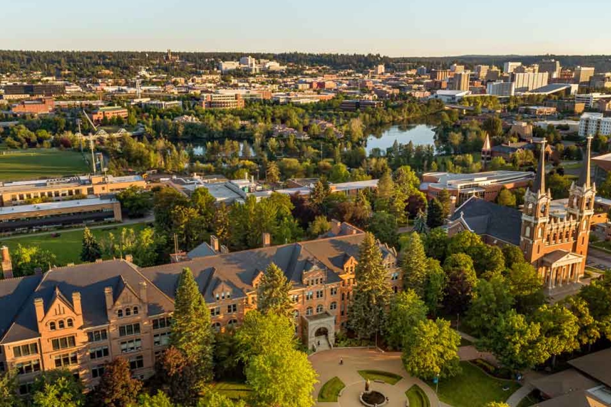 An aerial view of Gonzaga University campus, its buildings and surrounding trees