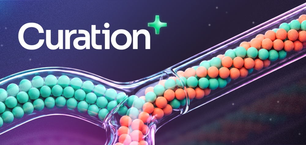 Start.io Curation+ product artwork showing colored spheres traveling through branching glass tubes