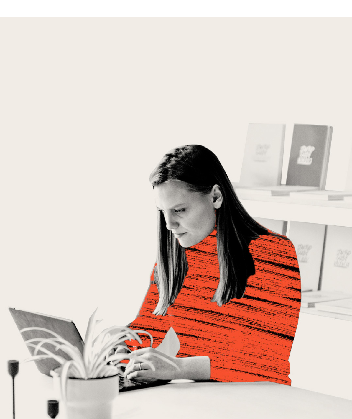 Startup Guide founder Sissel Hansen reading a book, in an official portrait with an orange accent