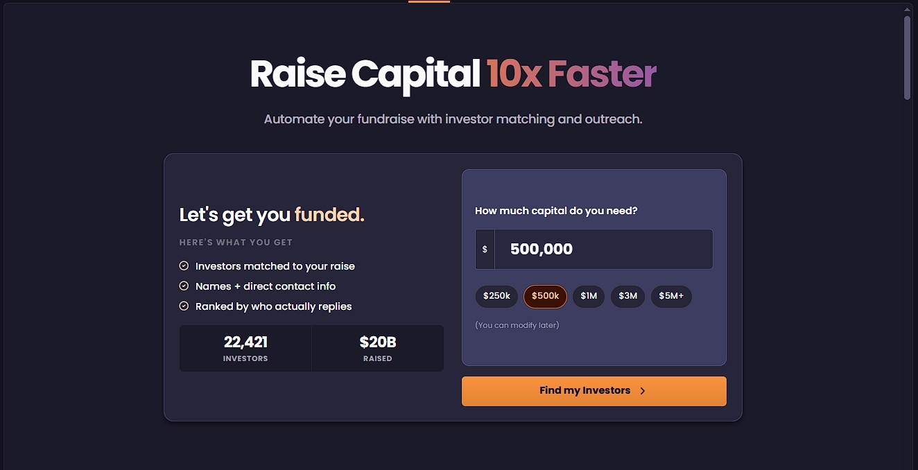 Startups.com investor matching screen asking how much capital a founder needs