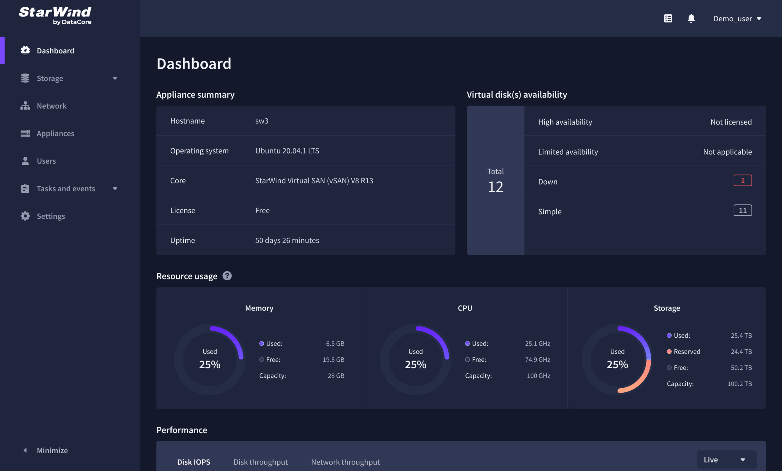 StarWind web dashboard showing storage and system health information