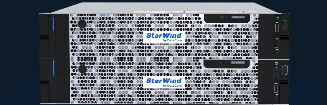 Two stacked StarWind by DataCore rack-mounted HCI appliance servers