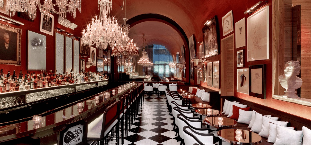 The richly decorated bar at Baccarat Hotel New York