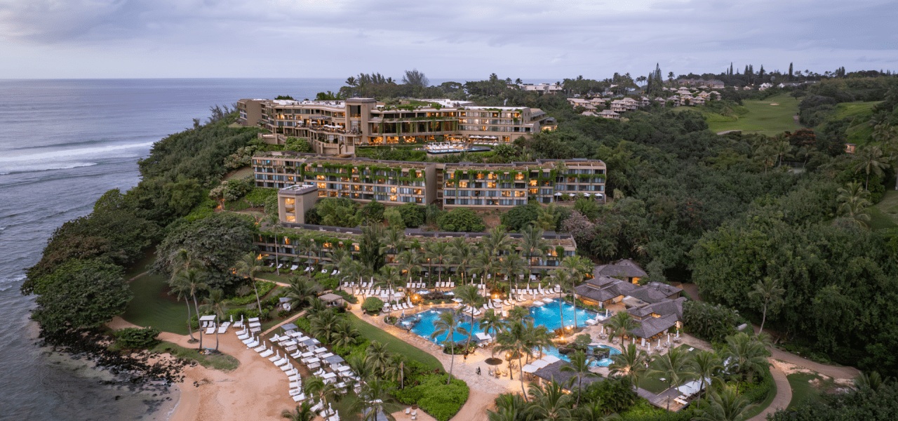 Green roofs and swimming pools at 1 Hotel Hanalei Bay, overlooking the Kauai coast