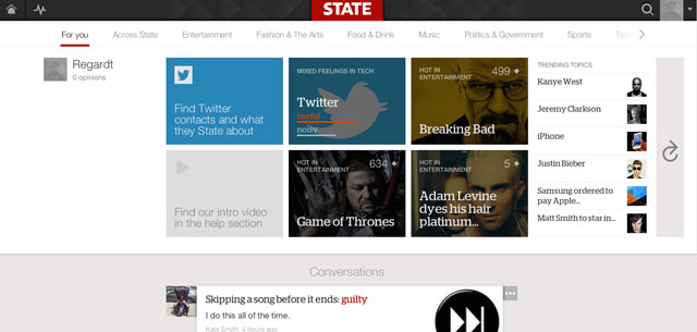 State’s historical desktop interface with topic tiles and conversations