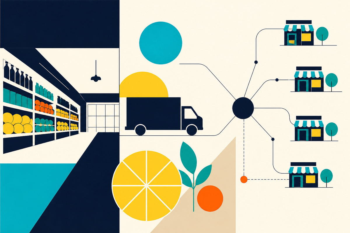 Abstract Swiss-style illustration of a grocery aisle, delivery network, produce and neighborhood markets