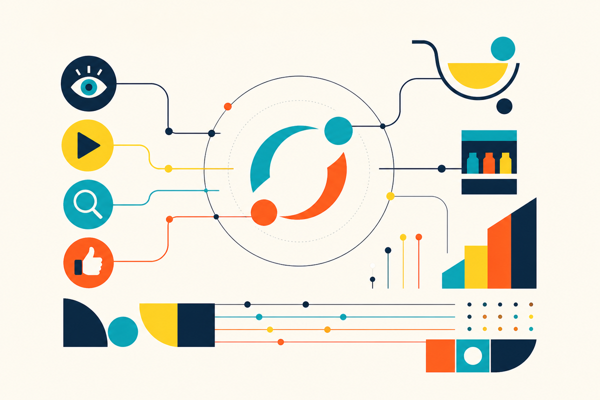 Abstract Swiss-style diagram of connected media, commerce, search and analytics channels