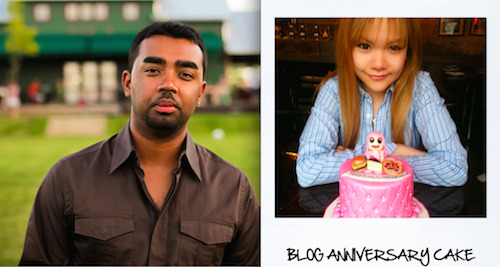 A 2014 editorial composite showing Toronto food writer Suresh Doss and Stella Yu with a Food Junkie Chronicles anniversary cake