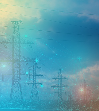 Stem illustration of electricity pylons overlaid with a digital network