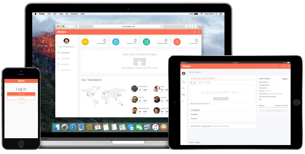 Archival Stepes product montage showing its translation portal on a laptop, tablet, and phone