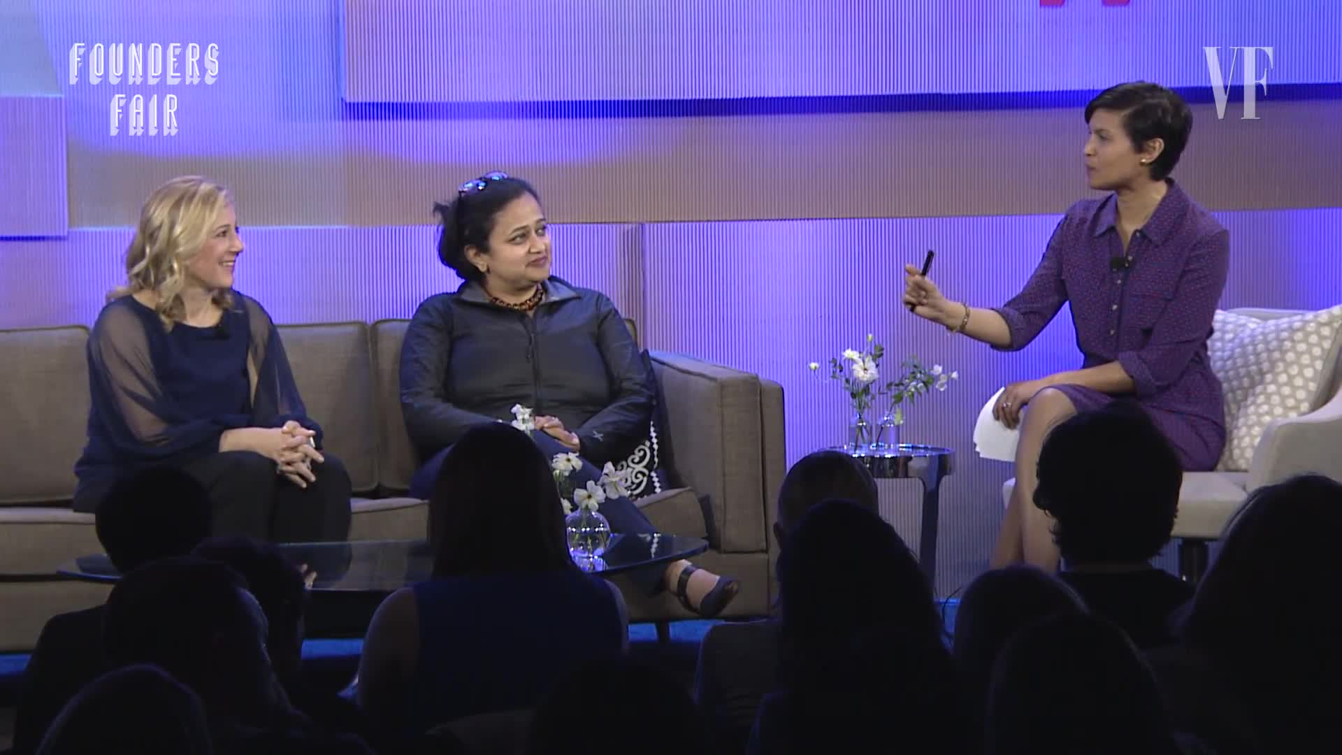 Stephanie Tilenius, left, with Kamakshi Sivaramakrishnan and moderator Stephanie Mehta onstage at Founders Fair in 2017