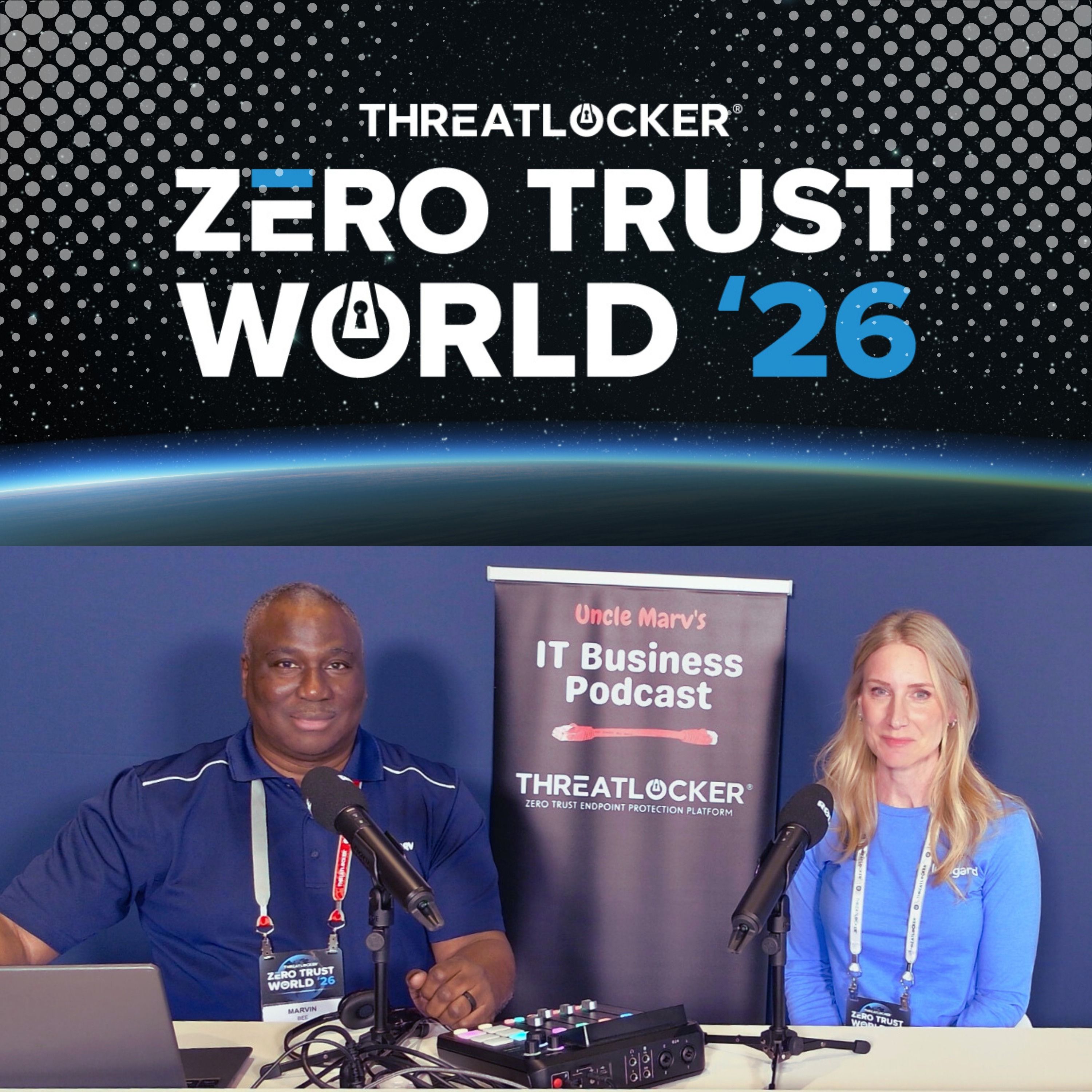 Podcast host Marvin Bee and Stephanie Weagle seated at microphones during Zero Trust World 2026