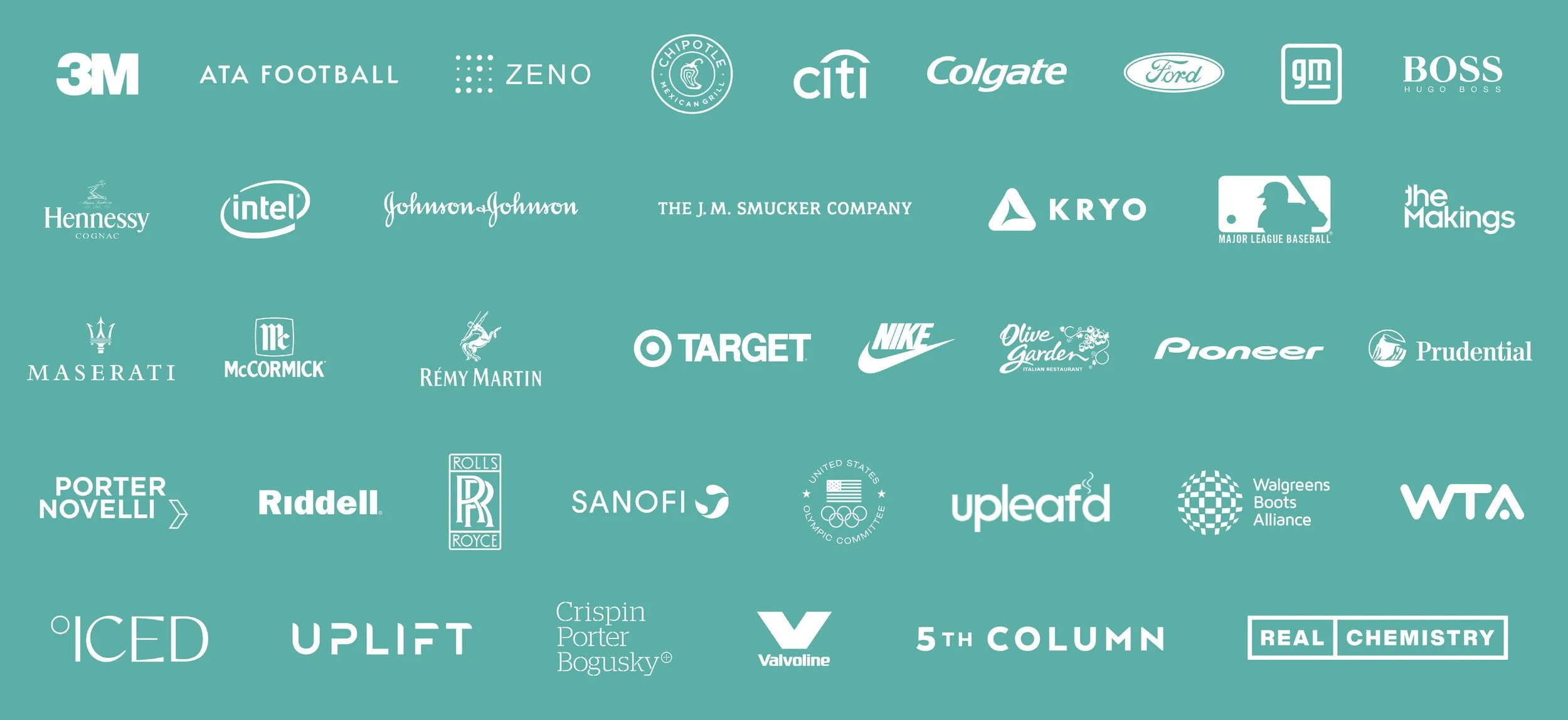 A field of logos representing brands and organizations in Stephen Bonsignore's consultancy portfolio