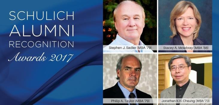 Schulich’s 2017 alumni awards graphic showing Stephen J. Sadler, Stacey A. Mowbray, Philip A. Taylor and Jonathan K.H. Cheung