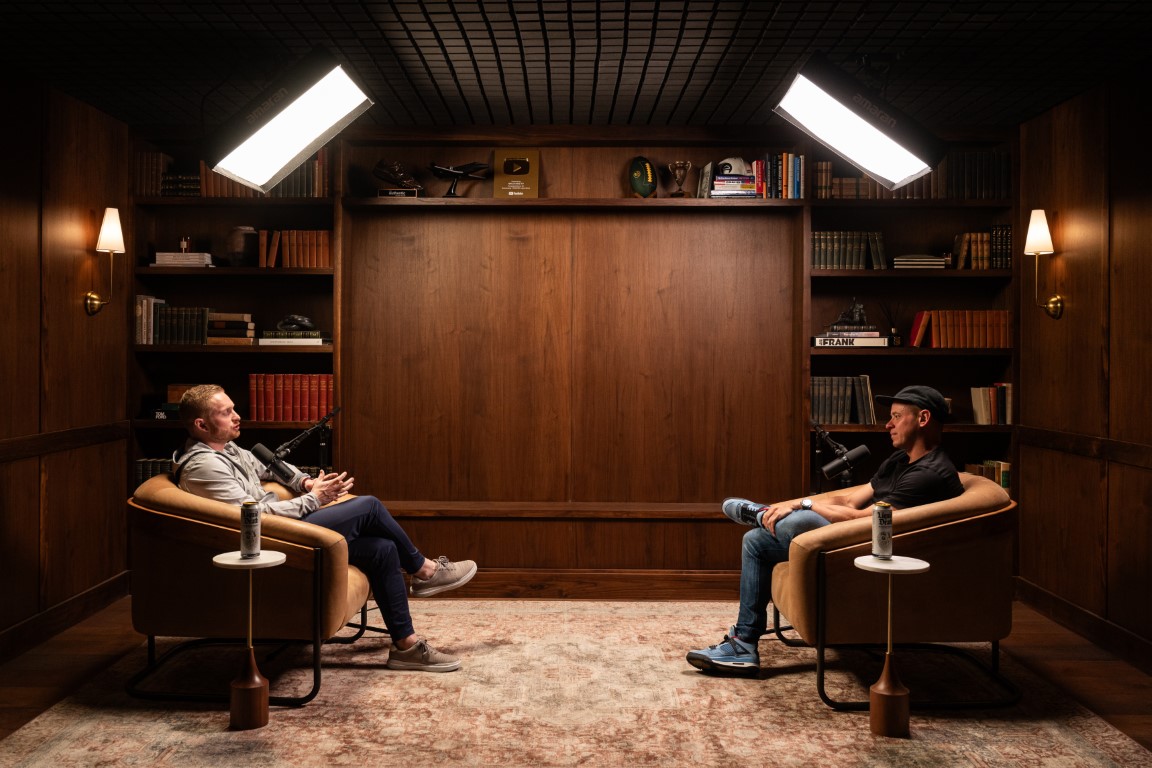 Sterling Snow, left, talking with Casey Baugh in the Case Studies podcast studio