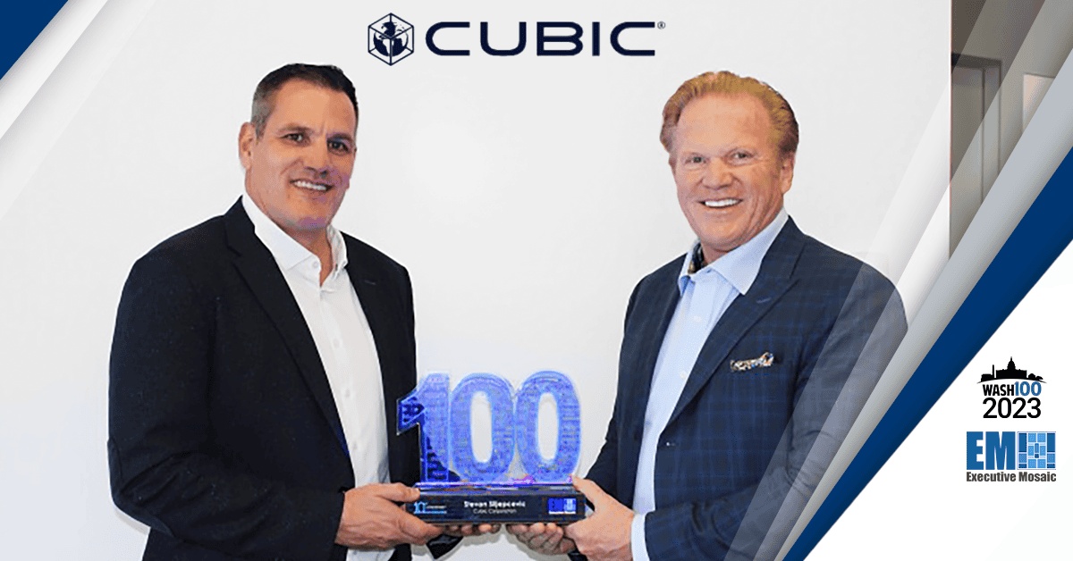 Stevan Slijepcevic, left, and Executive Mosaic CEO Jim Garrettson holding the 2023 Wash100 award