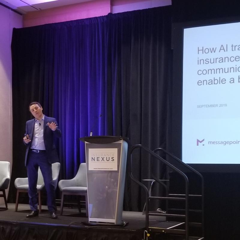 Steve Biancaniello presenting on stage at Connected Insurance Canada in September 2019.