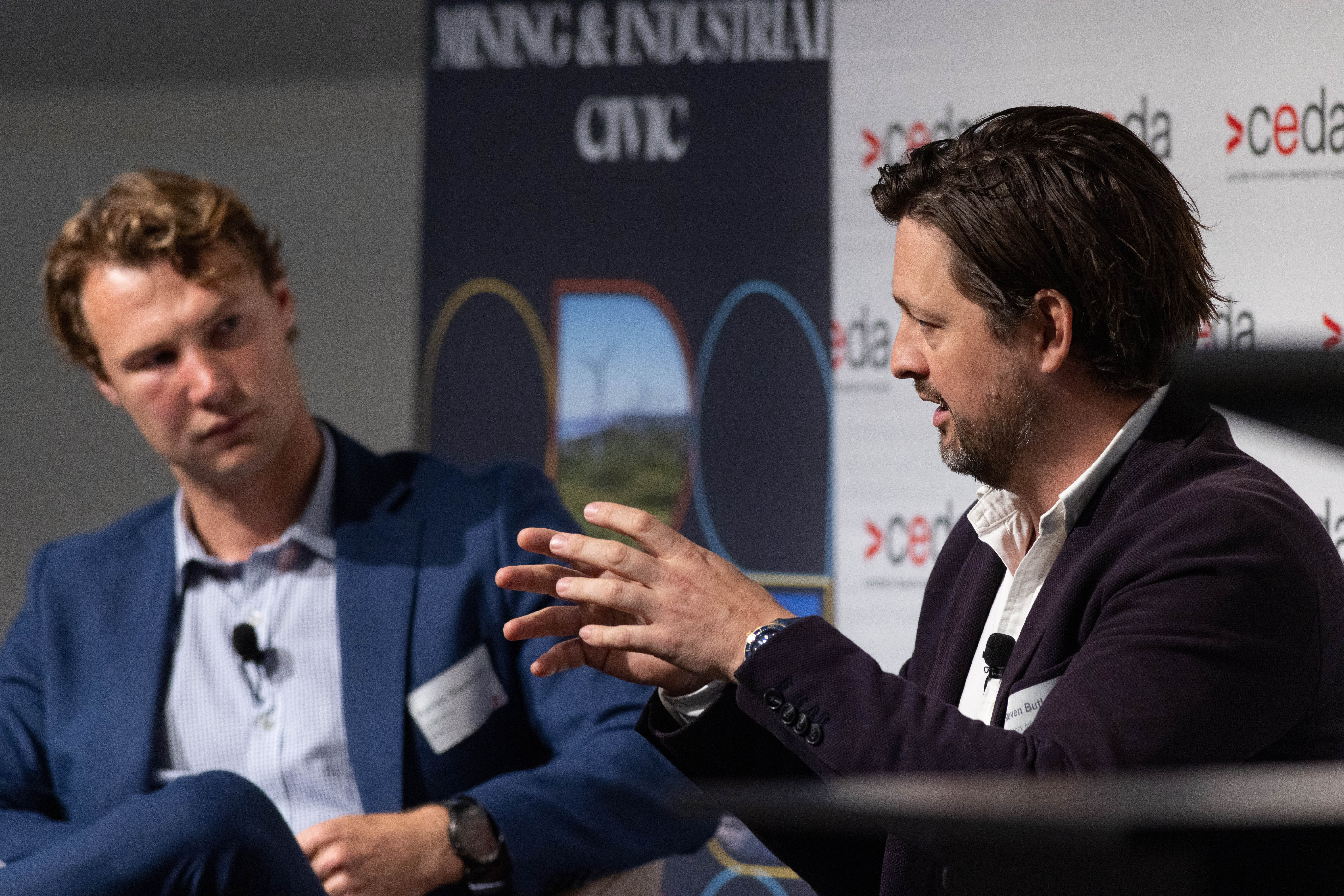 Steven Butler, at right, speaking during a CEDA panel discussion on Tasmania’s digital infrastructure.