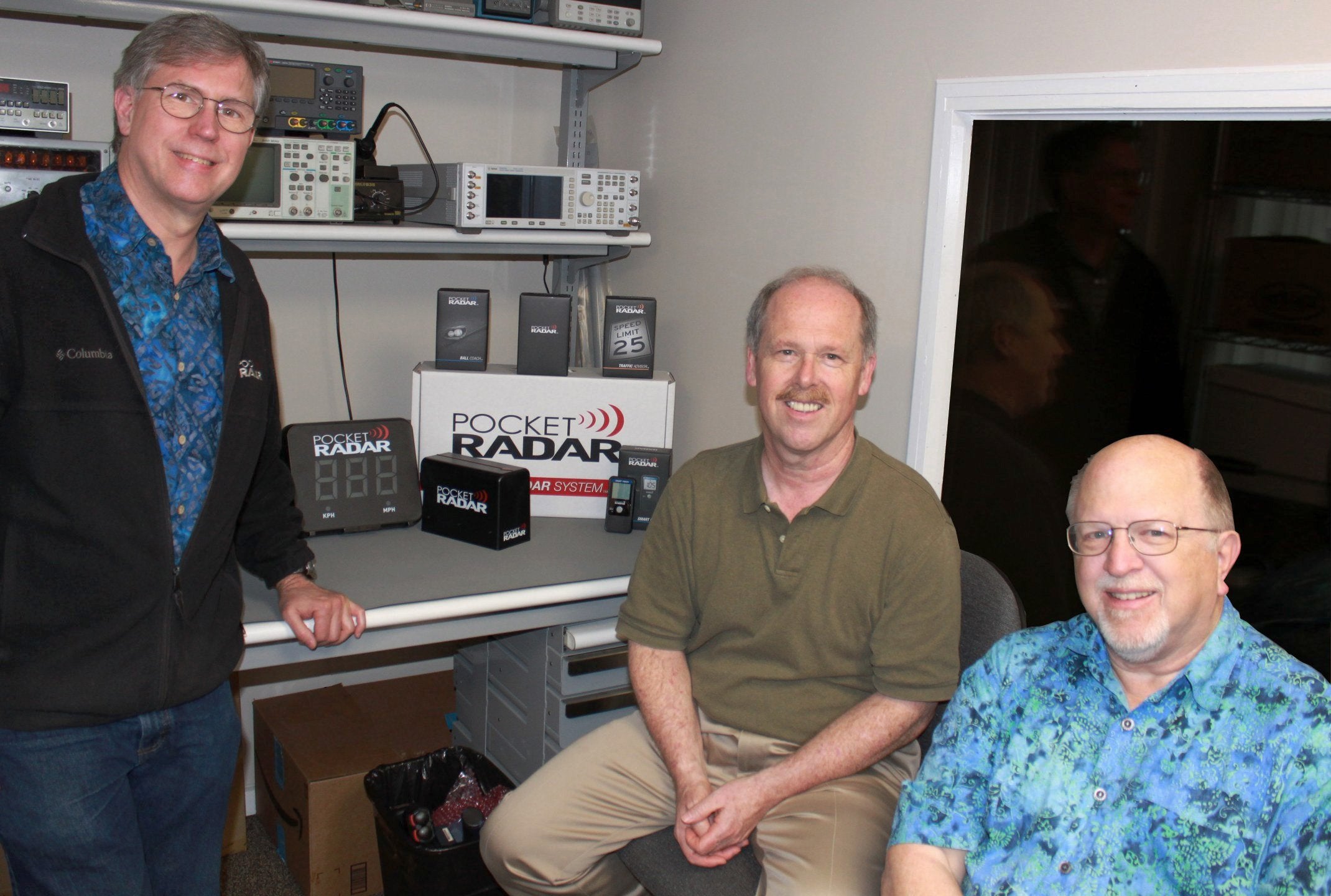 Pocket Radar founders Chris Stewart, Steve Goody and Grant Moulton together in their electronics lab