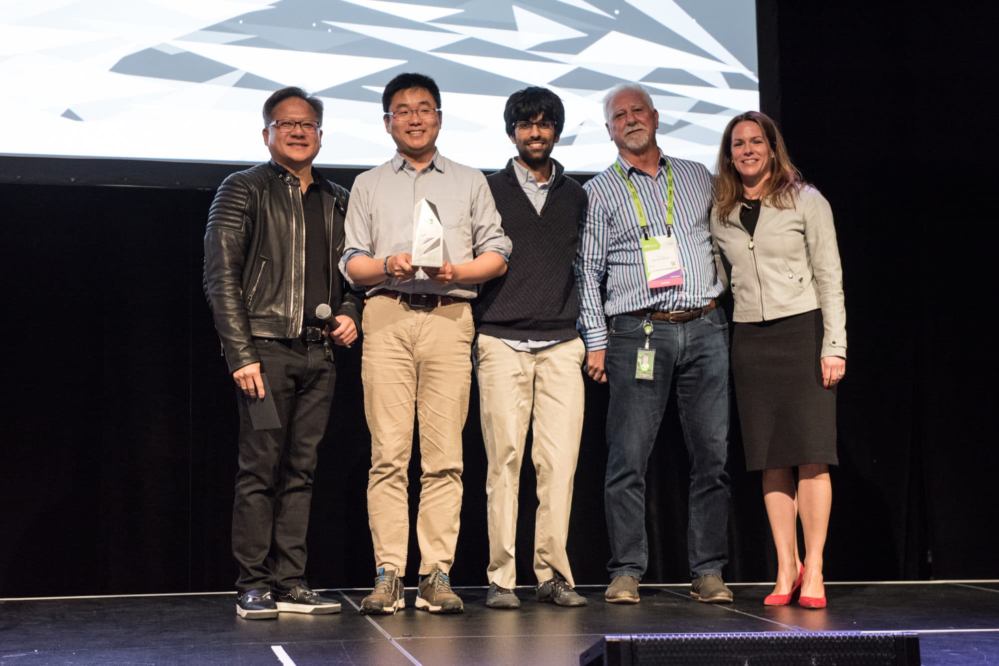 Steve Gu holding AiFi’s award on stage with Jensen Huang, Kaushal Patel, Chris Malachowsky and Kimberly Powell at GTC 2018