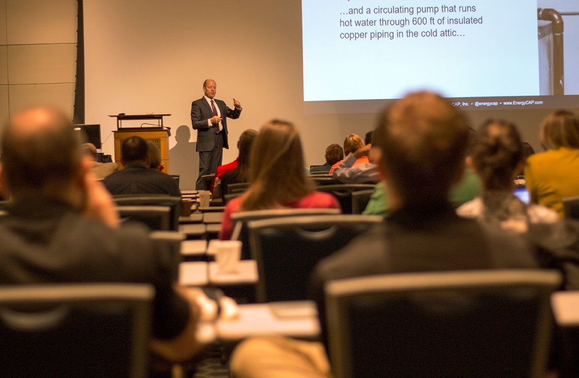 Steve Heinz presenting to seated EnergyCAP users at the 2017 Catalyst conference