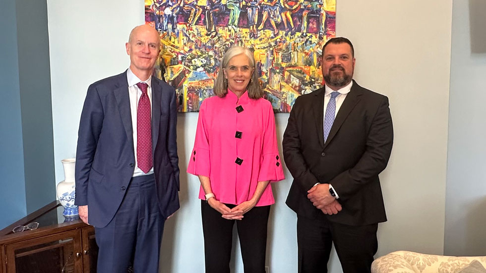 Owen Thomas, Representative Katherine Clark, and Steve Vondran standing together at Nareit Advocacy Day in May 2024