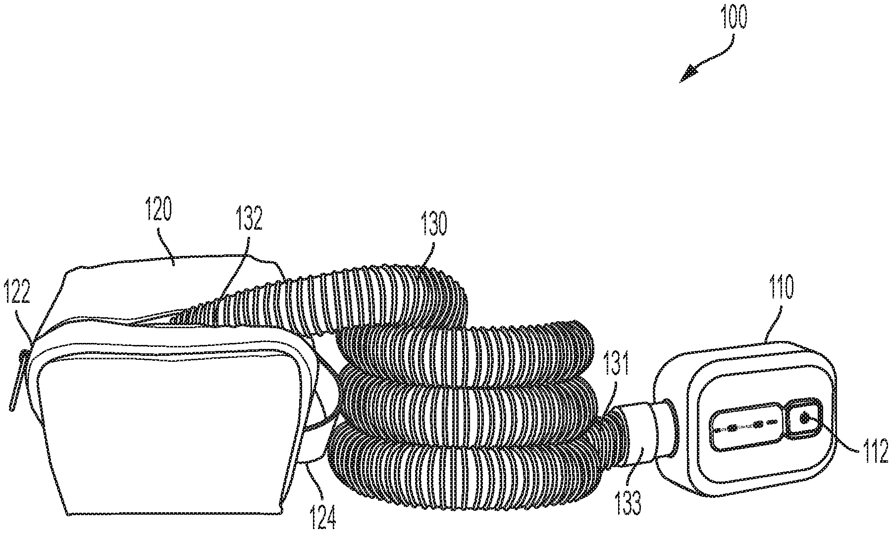 Patent application drawing showing a portable cleaning module connected by a tube to a zippered bag