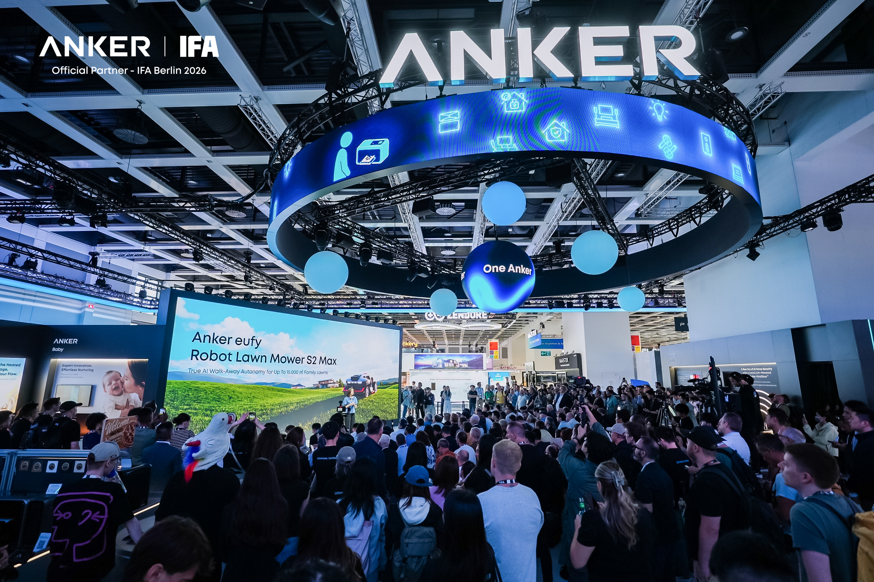 A crowded Anker exhibition space at IFA Berlin 2026 beneath a large illuminated Anker sign.