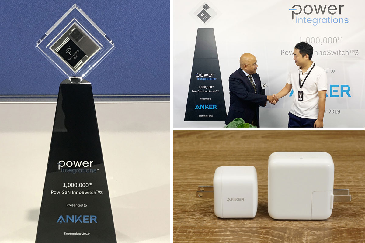 Steven Yang, right, shakes hands with Power Integrations CEO Balu Balakrishnan in an event collage showing a GaN chip award and chargers.