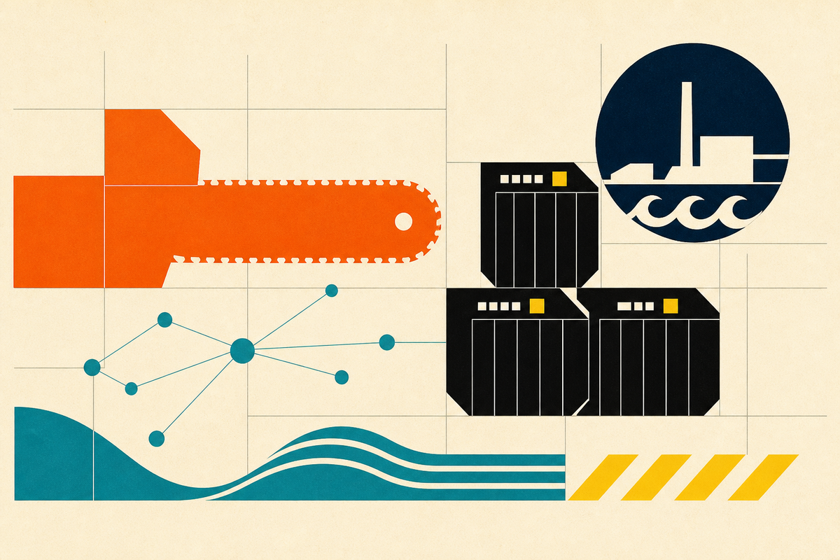 Abstract Swiss-style illustration of a chainsaw form, battery modules, dealer nodes and Virginia coastal geometry