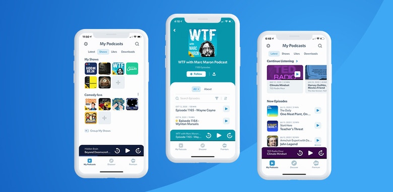 Historical Stitcher mobile interface showing podcast discovery and personal listening controls
