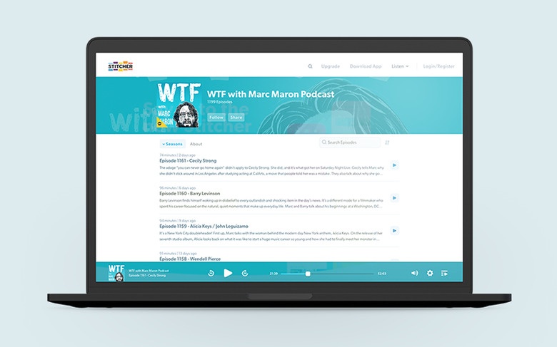 Stitcher’s historical web player displaying WTF with Marc Maron on a laptop