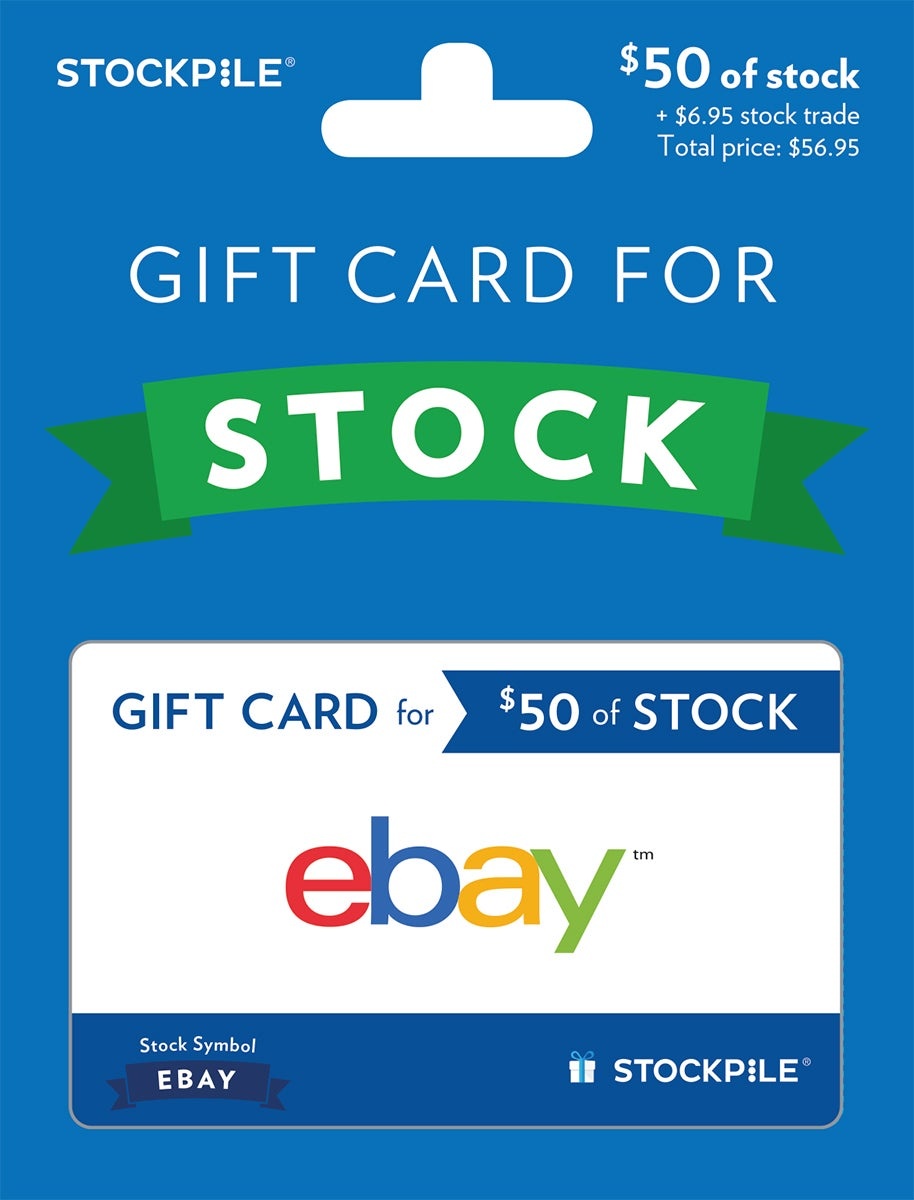 An archival Stockpile gift card offering 50 dollars of eBay stock