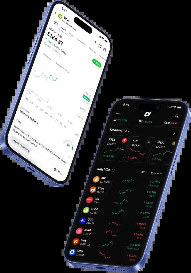 Official Stocktwits product visual showing a stock discussion screen and a market watchlist