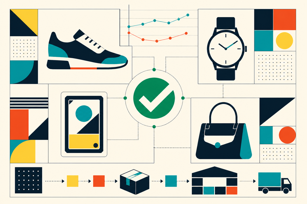 Swiss-style geometric illustration of products moving through price signals, verification and logistics