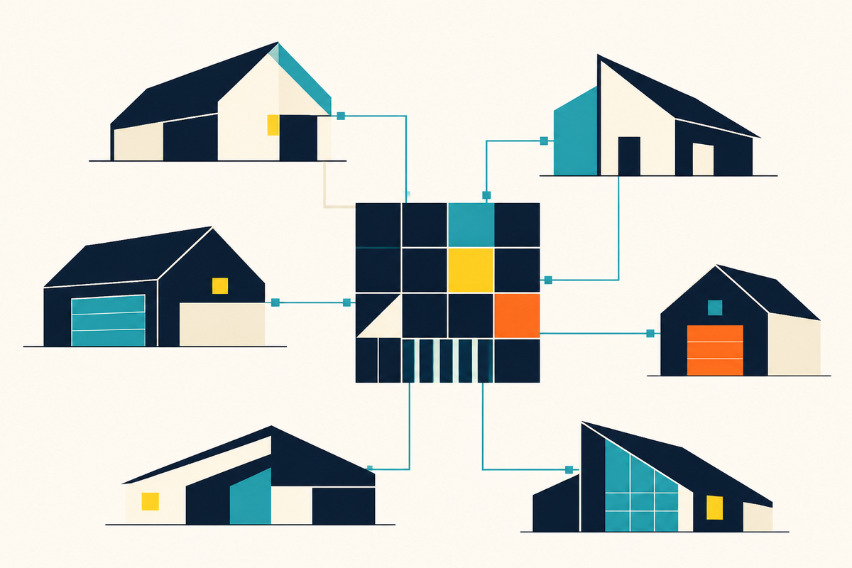 Abstract Swiss-style composition of distinct roof forms connected to a central operating grid