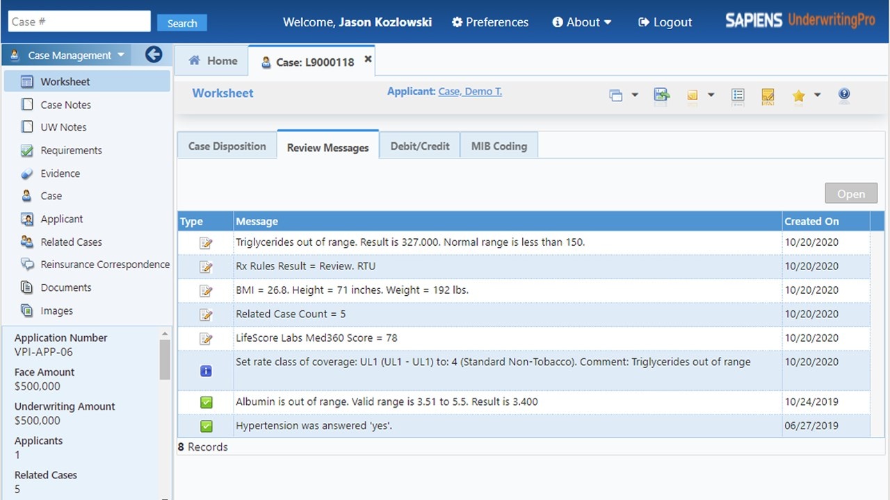 Published Sapiens UnderwritingPro demo screen showing a case worksheet, evidence messages and review items