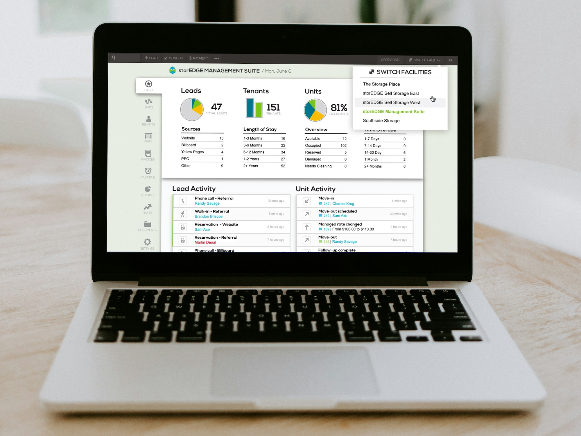 Storable’s published laptop mockup showing the storEDGE management dashboard and facility switching menu