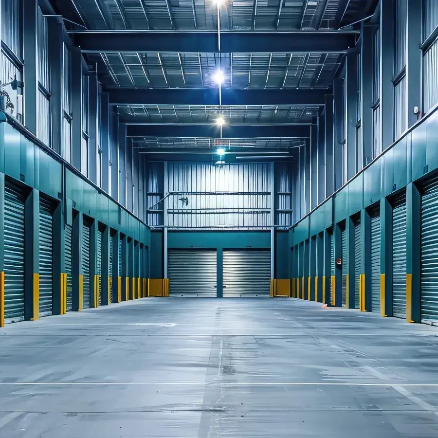 A storage facility corridor lined with green roll-up doors